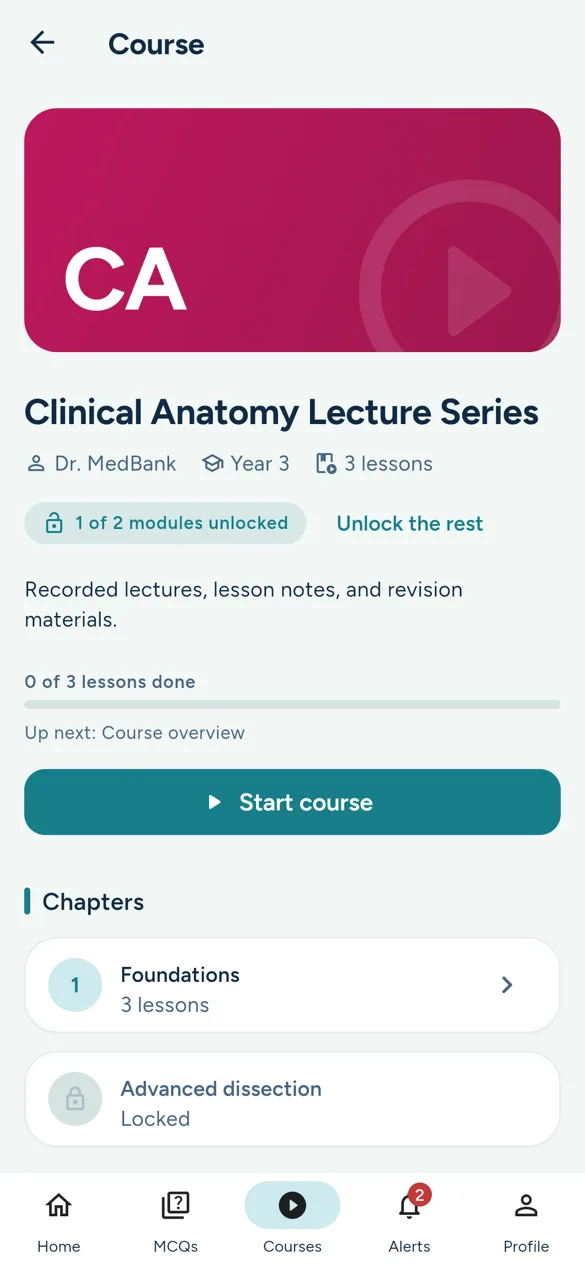 A MedBank course page in the app